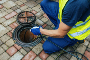 service worker cleaning blocked sewer line with hydro jetting, and drain clog