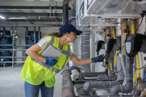 woman looking at pipes to check for Energy-Efficient Plumbing